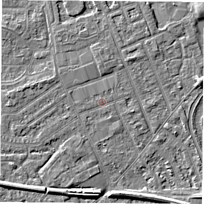 Shaded relief map of the ground around NG103JY, computed from Environment Agency LiDAR. The ground here sits at about 31 m above sea level and falls 7 m across the surrounding 800 m. Surface water reaching this point runs off ground lying to the west, 1.5 m higher.