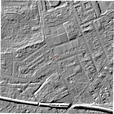 Shaded relief map of the ground around NG103JZ, computed from Environment Agency LiDAR. The ground here sits at about 31 m above sea level and falls 7 m across the surrounding 800 m. The ground contributing surface water to this point lies to the north-west.