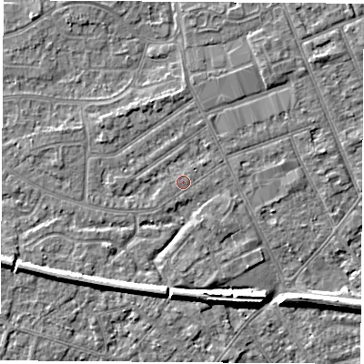 Shaded relief map of the ground around NG103LD, computed from Environment Agency LiDAR. The ground here sits at about 31 m above sea level and falls 7 m across the surrounding 800 m. The ground contributing surface water to this point lies to the west-south-west.