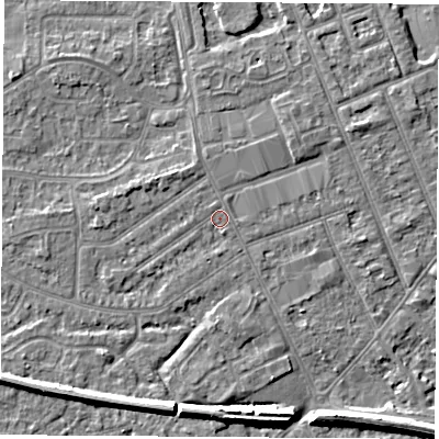 Shaded relief map of the ground around NG103LE, computed from Environment Agency LiDAR. The ground here sits at about 31 m above sea level and falls 7 m across the surrounding 800 m. Surface water reaching this point runs off ground lying to the west-north-west, 1.4 m higher.