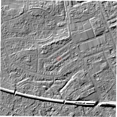 Shaded relief map of the ground around NG103LF, computed from Environment Agency LiDAR. The ground here sits at about 31 m above sea level and falls 7 m across the surrounding 800 m. Surface water reaching this point runs off ground lying to the south, 0.6 m higher.