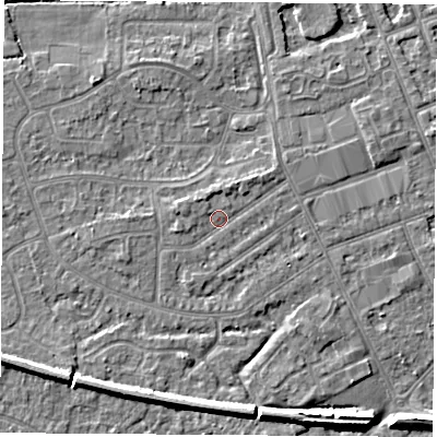 Shaded relief map of the ground around NG103LG, computed from Environment Agency LiDAR. The ground here sits at about 31 m above sea level and falls 7 m across the surrounding 800 m. Surface water reaching this point runs off ground lying to the north-west, 1.1 m higher.