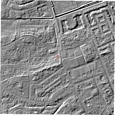 Shaded relief map of the ground around NG103LH, computed from Environment Agency LiDAR. The ground here sits at about 30 m above sea level and falls 4 m across the surrounding 800 m. Surface water reaching this point runs off ground lying to the south, 1.9 m higher.