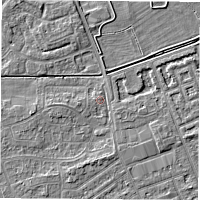 Shaded relief map of the ground around NG103LJ, computed from Environment Agency LiDAR. The ground here sits at about 30 m above sea level and falls 4 m across the surrounding 800 m. Surface water reaching this point runs off ground lying to the south-south-west, 2.2 m higher.