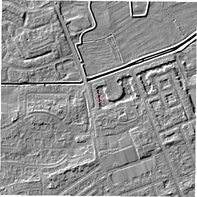 Shaded relief map of the ground around NG103LL, computed from Environment Agency LiDAR. The ground here sits at about 30 m above sea level and falls 4 m across the surrounding 800 m. Surface water reaching this point runs off ground lying to the south-east, 2.4 m higher.