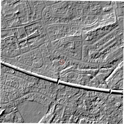 Shaded relief map of the ground around NG103LQ, computed from Environment Agency LiDAR. The ground here sits at about 30 m above sea level and falls 5 m across the surrounding 800 m. Surface water reaching this point runs off ground lying to the south-east, 4.3 m higher.