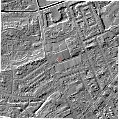 Shaded relief map of the ground around NG103LR, computed from Environment Agency LiDAR. The ground here sits at about 31 m above sea level and falls 5 m across the surrounding 800 m. Surface water reaching this point runs off ground lying to the north-north-east, 0.6 m higher.