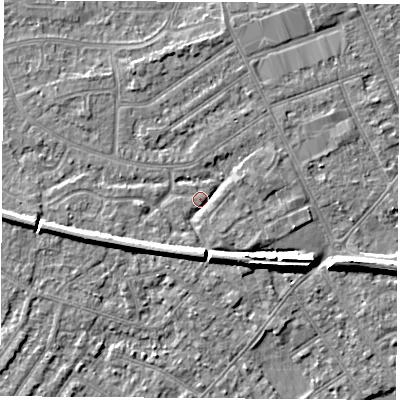 Shaded relief map of the ground around NG103LS, computed from Environment Agency LiDAR. The ground here sits at about 31 m above sea level and falls 7 m across the surrounding 800 m. Surface water reaching this point runs off ground lying to the south-south-west, 4.5 m higher.