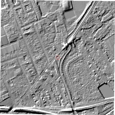 Shaded relief map of the ground around NG103LU, computed from Environment Agency LiDAR. The ground here sits at about 30 m above sea level and falls 8 m across the surrounding 800 m. Surface water reaching this point runs off ground lying to the north-east, 3.0 m higher.