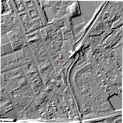 Shaded relief map of the ground around NG103LW, computed from Environment Agency LiDAR. The ground here sits at about 30 m above sea level and falls 8 m across the surrounding 800 m. Surface water reaching this point runs off ground lying to the east-north-east, 3.0 m higher.