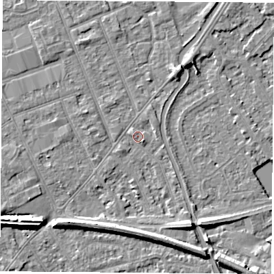 Shaded relief map of the ground around NG103LX, computed from Environment Agency LiDAR. The ground here sits at about 30 m above sea level and falls 8 m across the surrounding 800 m. Surface water reaching this point runs off ground lying to the south-south-east, 5.2 m higher.