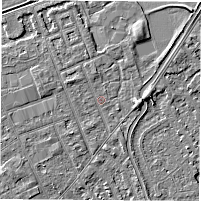 Shaded relief map of the ground around NG103LY, computed from Environment Agency LiDAR. The ground here sits at about 30 m above sea level and falls 5 m across the surrounding 800 m. Surface water reaching this point runs off ground lying to the west-north-west, 1.8 m higher.