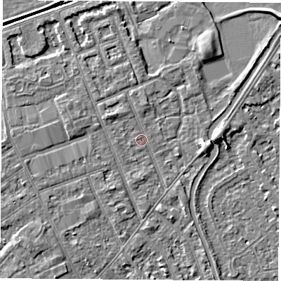 Shaded relief map of the ground around NG103LZ, computed from Environment Agency LiDAR. The ground here sits at about 30 m above sea level and falls 5 m across the surrounding 800 m. Surface water reaching this point runs off ground lying to the north-west, 1.3 m higher.