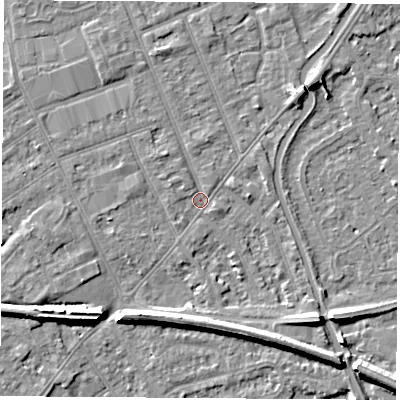 Shaded relief map of the ground around NG103NA, computed from Environment Agency LiDAR. The ground here sits at about 30 m above sea level and falls 7 m across the surrounding 800 m. Surface water reaching this point runs off ground lying to the north-west, 1.7 m higher.