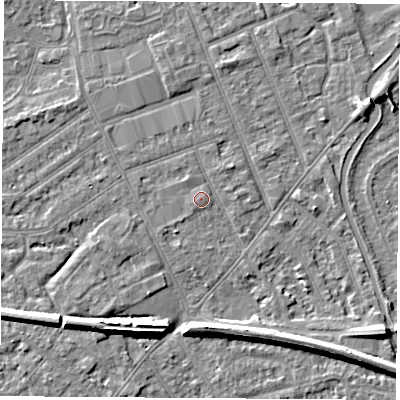 Shaded relief map of the ground around NG103NB, computed from Environment Agency LiDAR. The ground here sits at about 31 m above sea level and falls 7 m across the surrounding 800 m. Surface water reaching this point runs off ground lying to the west, 0.6 m higher.