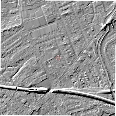 Shaded relief map of the ground around NG103ND, computed from Environment Agency LiDAR. The ground here sits at about 30 m above sea level and falls 7 m across the surrounding 800 m. Surface water reaching this point runs off ground lying to the west-south-west, 1.2 m higher.