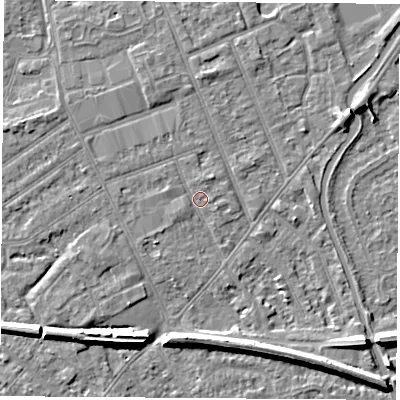 Shaded relief map of the ground around NG103NE, computed from Environment Agency LiDAR. The ground here sits at about 30 m above sea level and falls 7 m across the surrounding 800 m. Surface water reaching this point runs off ground lying to the west-south-west, 1.1 m higher.