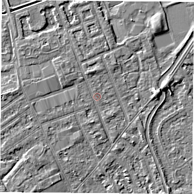 Shaded relief map of the ground around NG103NF, computed from Environment Agency LiDAR. The ground here sits at about 30 m above sea level and falls 5 m across the surrounding 800 m. Surface water reaching this point runs off ground lying to the west-north-west, 1.4 m higher.
