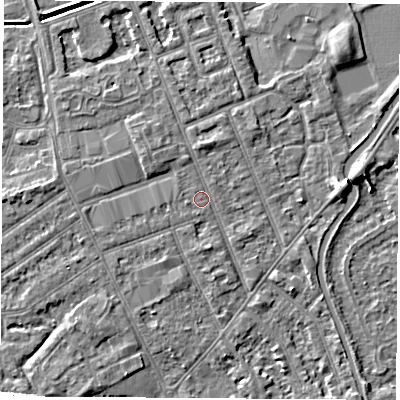 Shaded relief map of the ground around NG103NG, computed from Environment Agency LiDAR. The ground here sits at about 30 m above sea level and falls 5 m across the surrounding 800 m. Surface water reaching this point runs off ground lying to the north-west, 1.4 m higher.