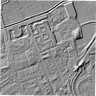 Shaded relief map of the ground around NG103NH, computed from Environment Agency LiDAR. The ground here sits at about 31 m above sea level and falls 5 m across the surrounding 800 m. Surface water reaching this point runs off ground lying to the south-south-west, 1.2 m higher.