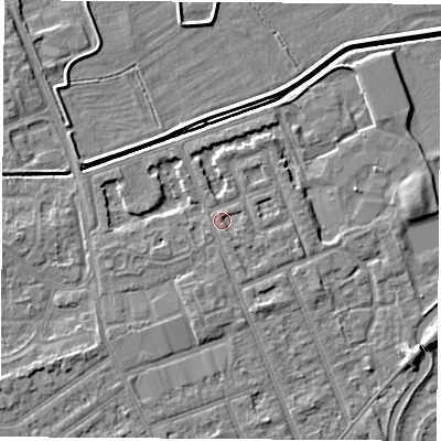 Shaded relief map of the ground around NG103NJ, computed from Environment Agency LiDAR. The ground here sits at about 31 m above sea level and falls 5 m across the surrounding 800 m. Surface water reaching this point runs off ground lying to the south-south-west, 1.3 m higher.