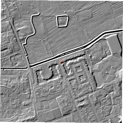 Shaded relief map of the ground around NG103NP, computed from Environment Agency LiDAR. The ground here sits at about 31 m above sea level and falls 4 m across the surrounding 800 m. Surface water reaching this point runs off ground lying to the south-east, 1.7 m higher.