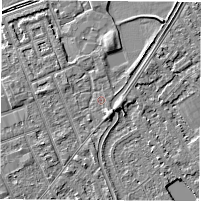 Shaded relief map of the ground around NG103NQ, computed from Environment Agency LiDAR. The ground here sits at about 30 m above sea level and falls 5 m across the surrounding 800 m. Surface water reaching this point runs off ground lying to the south-east, 2.5 m higher.