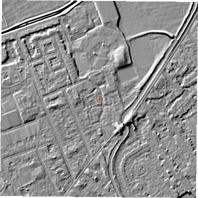 Shaded relief map of the ground around NG103NR, computed from Environment Agency LiDAR. The ground here sits at about 30 m above sea level and falls 5 m across the surrounding 800 m. Surface water reaching this point runs off ground lying to the west, 1.8 m higher.