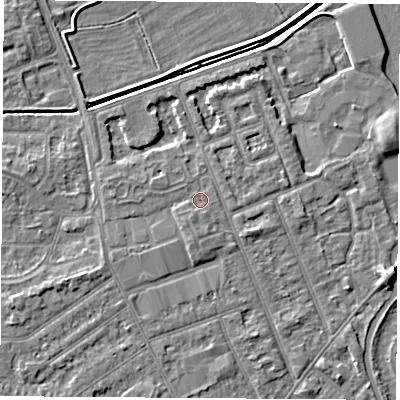 Shaded relief map of the ground around NG103NS, computed from Environment Agency LiDAR. The ground here sits at about 30 m above sea level and falls 5 m across the surrounding 800 m. Surface water reaching this point runs off ground lying to the south-south-west, 1.2 m higher.