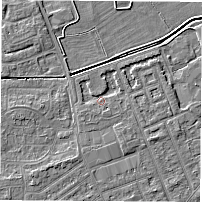 Shaded relief map of the ground around NG103NT, computed from Environment Agency LiDAR. The ground here sits at about 30 m above sea level and falls 4 m across the surrounding 800 m. Surface water reaching this point runs off ground lying to the south-south-east, 2.4 m higher.