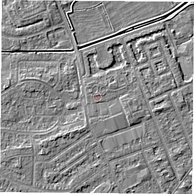 Shaded relief map of the ground around NG103NU, computed from Environment Agency LiDAR. The ground here sits at about 30 m above sea level and falls 4 m across the surrounding 800 m. Surface water reaching this point runs off ground lying to the south-south-west, 1.0 m higher.