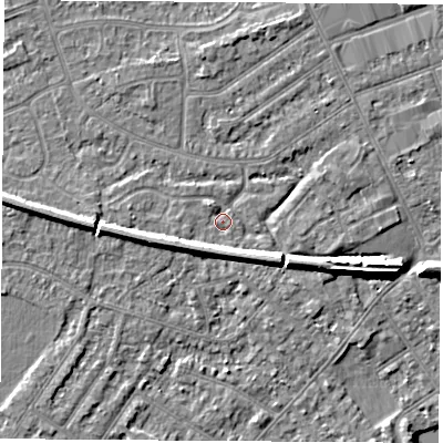 Shaded relief map of the ground around NG103NW, computed from Environment Agency LiDAR. The ground here sits at about 31 m above sea level and falls 7 m across the surrounding 800 m. Surface water reaching this point runs off ground lying to the south-east, 4.5 m higher.