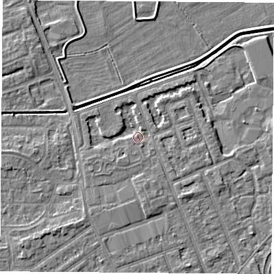 Shaded relief map of the ground around NG103NX, computed from Environment Agency LiDAR. The ground here sits at about 30 m above sea level and falls 4 m across the surrounding 800 m. Surface water reaching this point runs off ground lying to the south, 2.3 m higher.
