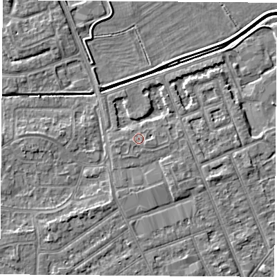 Shaded relief map of the ground around NG103NY, computed from Environment Agency LiDAR. The ground here sits at about 30 m above sea level and falls 4 m across the surrounding 800 m. Surface water reaching this point runs off ground lying to the west-south-west, 0.8 m higher.