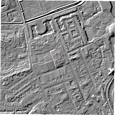 Shaded relief map of the ground around NG103NZ, computed from Environment Agency LiDAR. The ground here sits at about 31 m above sea level and falls 5 m across the surrounding 800 m. The ground contributing surface water to this point lies to the south.