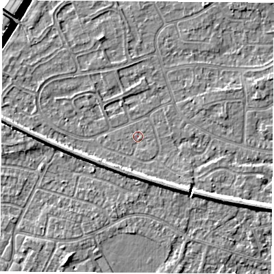 Shaded relief map of the ground around NG103PB, computed from Environment Agency LiDAR. The ground here sits at about 31 m above sea level and falls 8 m across the surrounding 800 m. Surface water reaching this point runs off ground lying to the south-south-east, 0.6 m higher.