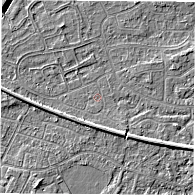 Shaded relief map of the ground around NG103PD, computed from Environment Agency LiDAR. The ground here sits at about 31 m above sea level and falls 7 m across the surrounding 800 m. Surface water reaching this point runs off ground lying to the south-east, 3.3 m higher.