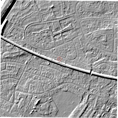 Shaded relief map of the ground around NG103PE, computed from Environment Agency LiDAR. The ground here sits at about 31 m above sea level and falls 9 m across the surrounding 800 m. Surface water reaching this point runs off ground lying to the south-south-west, 3.2 m higher.