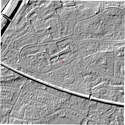 Shaded relief map of the ground around NG103PF, computed from Environment Agency LiDAR. The ground here sits at about 31 m above sea level and falls 8 m across the surrounding 800 m. Surface water reaching this point runs off ground lying to the south-east, 3.6 m higher.