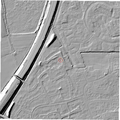 Shaded relief map of the ground around NG103PL, computed from Environment Agency LiDAR. The ground here sits at about 31 m above sea level and falls 10 m across the surrounding 800 m. Surface water reaching this point runs off ground lying to the north-west, 1.2 m higher.