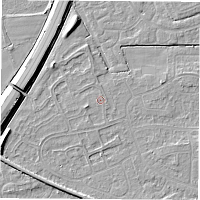 Shaded relief map of the ground around NG103PN, computed from Environment Agency LiDAR. The ground here sits at about 31 m above sea level and falls 9 m across the surrounding 800 m. Surface water reaching this point runs off ground lying to the west-south-west, 1.3 m higher.