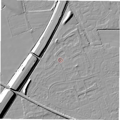 Shaded relief map of the ground around NG103PQ, computed from Environment Agency LiDAR. The ground here sits at about 31 m above sea level and falls 12 m across the surrounding 800 m. Surface water reaching this point runs off ground lying to the east-south-east, 1.5 m higher.