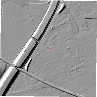 Shaded relief map of the ground around NG103PS, computed from Environment Agency LiDAR. The ground here sits at about 31 m above sea level and falls 12 m across the surrounding 800 m. Surface water reaching this point runs off ground lying to the south-west, 0.8 m higher.