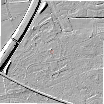 Shaded relief map of the ground around NG103PT, computed from Environment Agency LiDAR. The ground here sits at about 31 m above sea level and falls 10 m across the surrounding 800 m. Surface water reaching this point runs off ground lying to the north-north-west, 1.3 m higher.