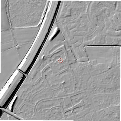 Shaded relief map of the ground around NG103PU, computed from Environment Agency LiDAR. The ground here sits at about 31 m above sea level and falls 11 m across the surrounding 800 m. Surface water reaching this point runs off ground lying to the north, 1.2 m higher.