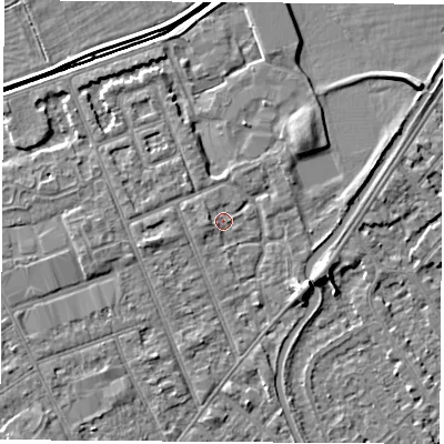 Shaded relief map of the ground around NG103PW, computed from Environment Agency LiDAR. The ground here sits at about 30 m above sea level and falls 5 m across the surrounding 800 m. Surface water reaching this point runs off ground lying to the west, 1.2 m higher.