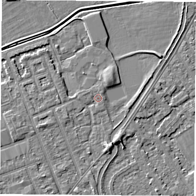 Shaded relief map of the ground around NG103PX, computed from Environment Agency LiDAR. The ground here sits at about 30 m above sea level and falls 5 m across the surrounding 800 m. Surface water reaching this point runs off ground lying to the north-north-east, 1.1 m higher.