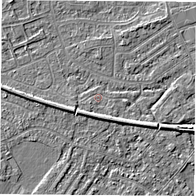 Shaded relief map of the ground around NG103PY, computed from Environment Agency LiDAR. The ground here sits at about 31 m above sea level and falls 6 m across the surrounding 800 m. Surface water reaching this point runs off ground lying to the south-south-east, 3.6 m higher.