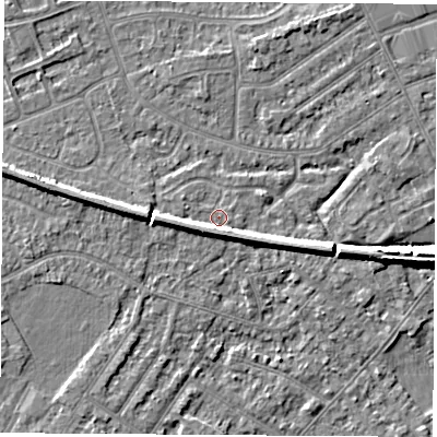 Shaded relief map of the ground around NG103PZ, computed from Environment Agency LiDAR. The ground here sits at about 31 m above sea level and falls 6 m across the surrounding 800 m. Surface water reaching this point runs off ground lying to the south-south-west, 3.3 m higher.