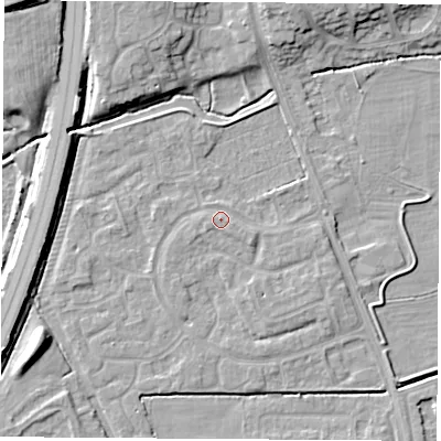 Shaded relief map of the ground around NG103QJ, computed from Environment Agency LiDAR. The ground here sits at about 31 m above sea level and falls 11 m across the surrounding 800 m. Surface water reaching this point runs off ground lying to the north-north-east, 0.8 m higher.